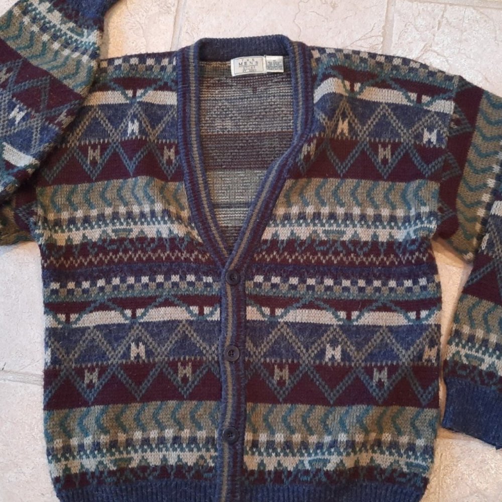 Vtg Sears geometric cardigan sweater mens M